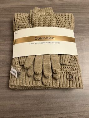 Calvin Klein 3 Piece Scarf, Hat, and Touch Gloves Set - Tan/Beige